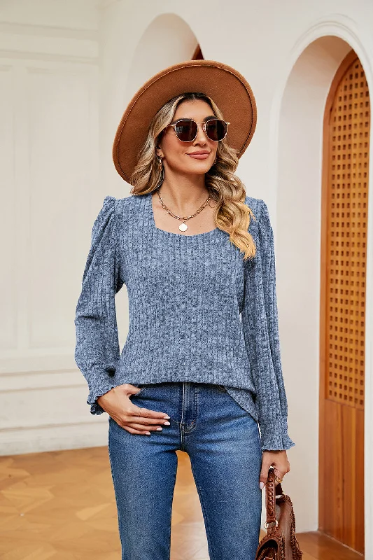 Pullover sweater for winter layering -Square Neck Puff Sleeve Top