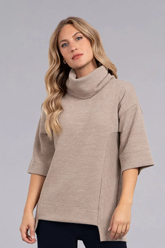 Pullover sweater with lace cuffs -Step Hem Elbow Sleeve Rib Sweater | Camel