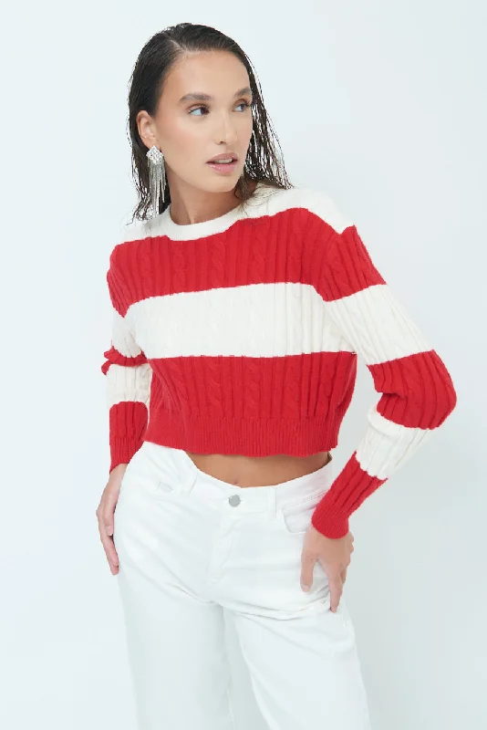 White knit pullover sweater -Striped cropped sweater wholesale