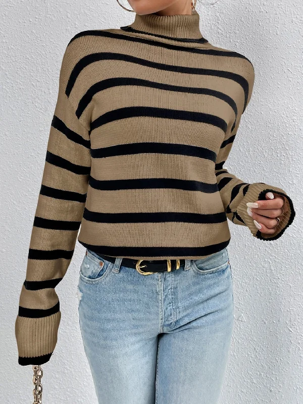 Pullover sweater for winter evenings -Striped Turtleneck Drop Shoulder Sweater