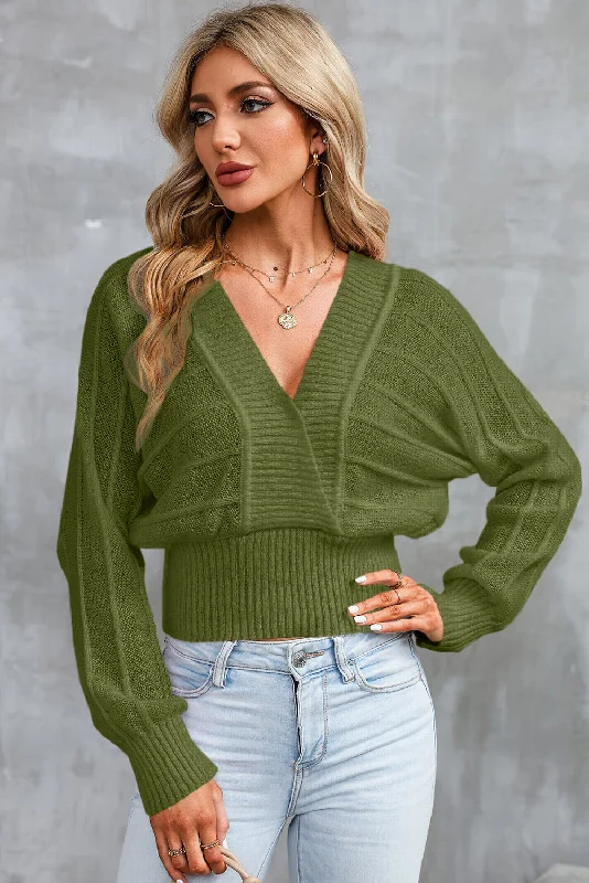 Pullover sweater with soft trim -Surplice Neck Lace-Up Sweater