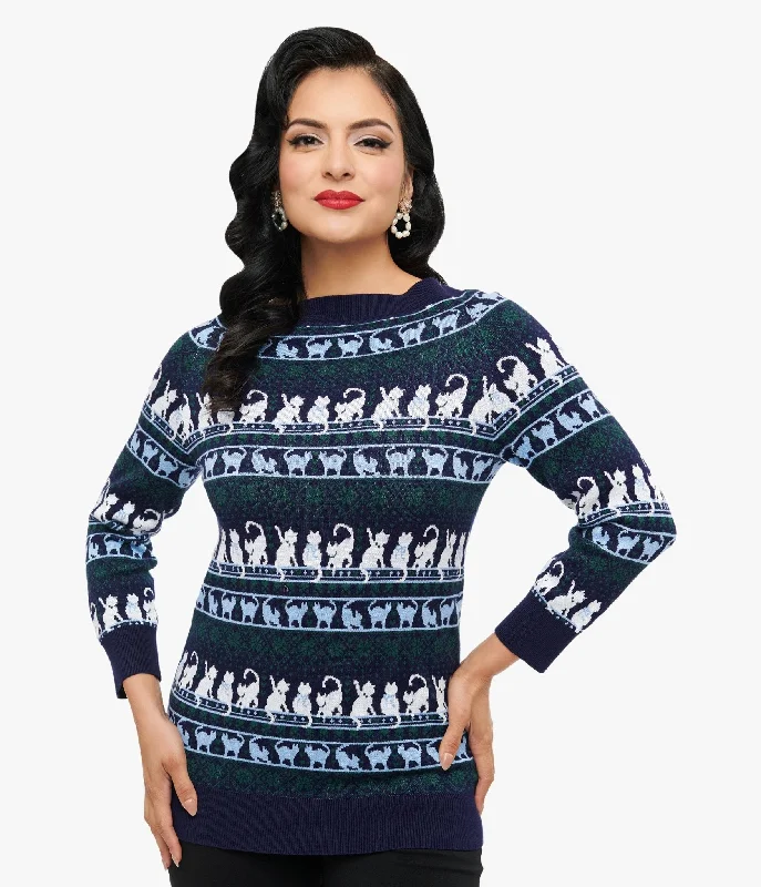 Women's striped pullover sweater -Unique Vintage 1940s Navy & White Cat Pattern Lorelai Sweater