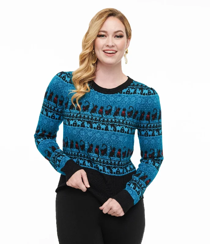 Red cozy pullover sweater -Unique Vintage 1950s Teal Snowflakes & Cats Sweater