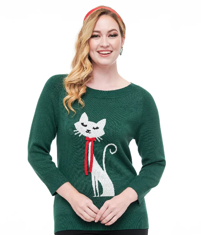 Pullover sweater for casual dinners -Unique Vintage 1960s Forest Green & Cream Cat Lorelai Sweater