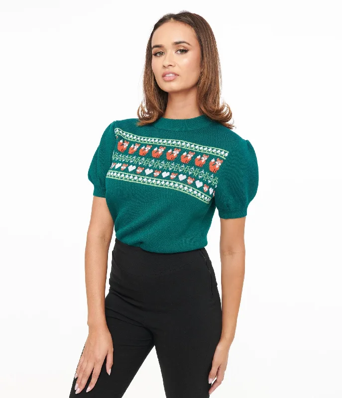 Pullover sweater for summer outings -Unique Vintage Green Fox Fair Isle Paige Sweater