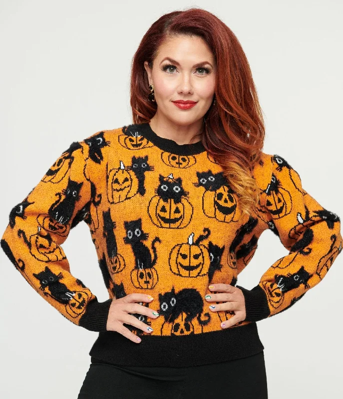 Purple pullover sweater women -Unique Vintage Orange Pumpkin & Black Cat Print Sweater