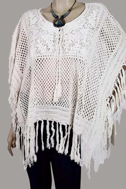 Blue long pullover sweater -Crochet Bib Shaggy Fringe Poncho - Cream