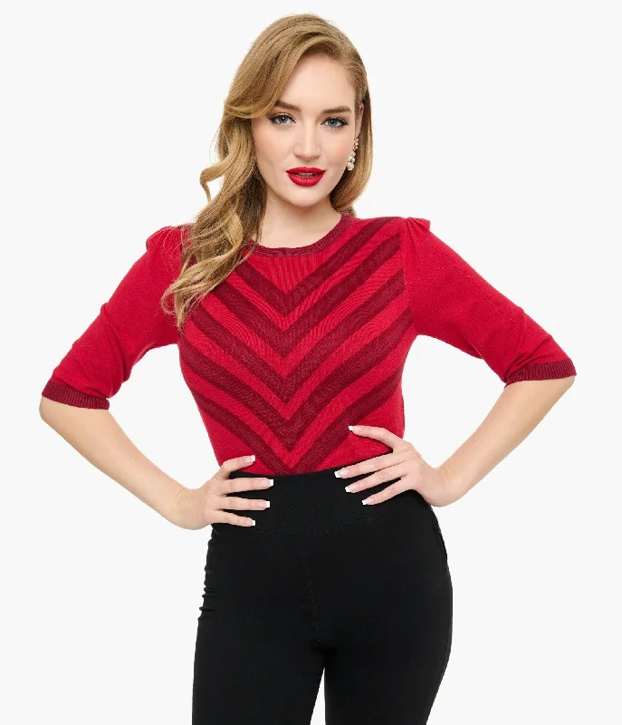 Pullover sweater with ribbed hem -Voodoo Vixen Red & Berry Chevron Sweater