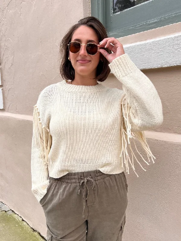 Navy long pullover sweater -WILLOW FRINGE SWEATER IN CREAM