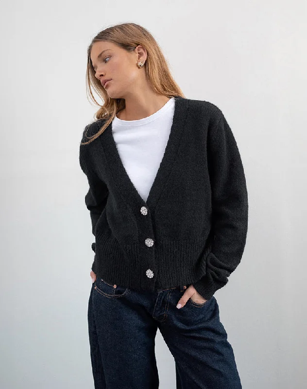 Cardigan for spring outings -Acera Knitted Cardigan in Black with Silver Flower Buttons