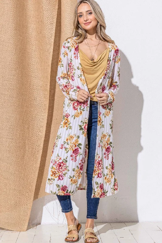 Cardigan with lace hem -And The Why Floral Kimono Open Front Longline Cardigan