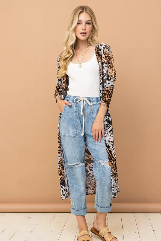 Cardigan for outdoor adventures -And The Why Leopard Kimono Open Front Longline Cardigan