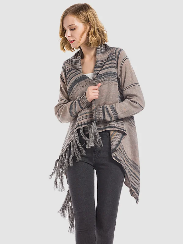 Cardigan for summer trips -Angel Wings Tassel Striped Open Front Long Sleeve Cardigan