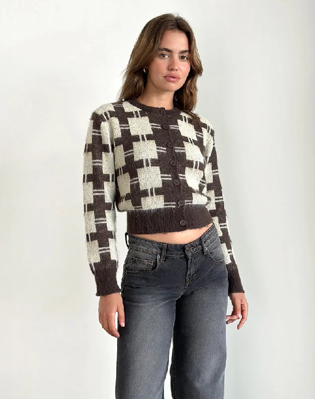 Cardigan for summer nights -Anzio Knitted Cardigan in Check Brown