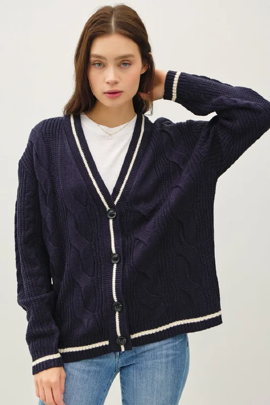 Cardigan for winter adventures -Be Cool Contrast Trim Cable-Knit V-Neck Cardigan