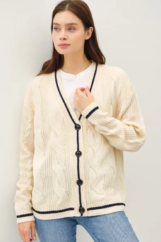 White long cardigan -Be Cool Contrast Trim Cable-Knit V-Neck Cardigan