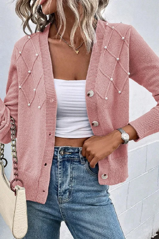 Pink longline cardigan -Beaded V-Neck Button Up Long Sleeve Cardigan