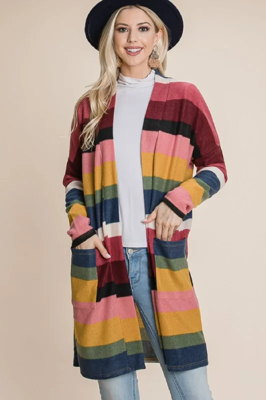 Black long cardigan -BOMBOM Color Block Striped Open Front Cardigan