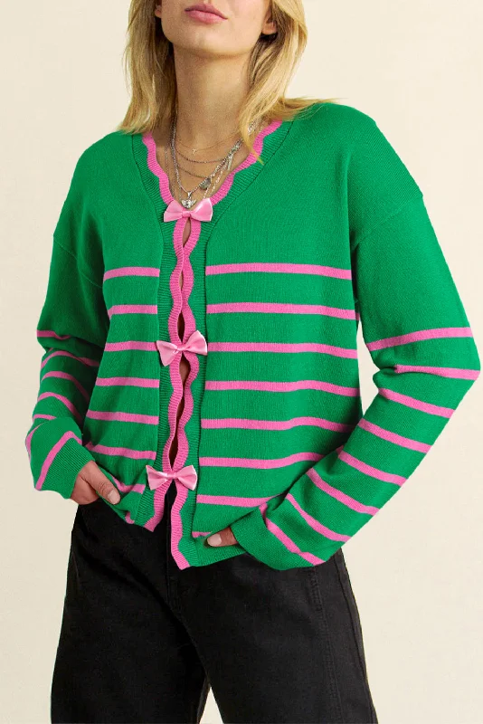 Warm cardigan for hiking -Bow Striped V-Neck Long Sleeve Cardigan