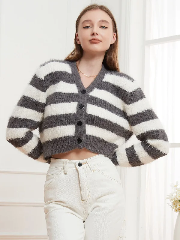 Cardigan with soft lining -Button Down V-Neck Striped Cardigan