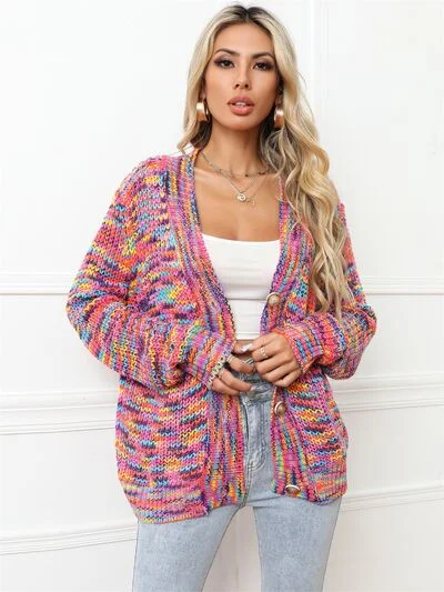 Cardigan with ribbed sleeves -Button Up Dropped Shoulder Cardigan