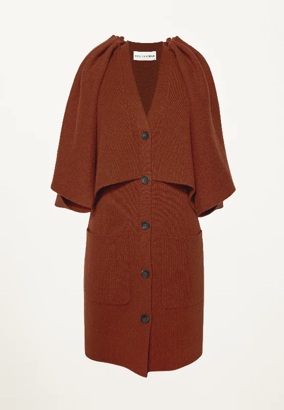 Cardigan with side slits -Cardigan w/Detachable Cape in Rust