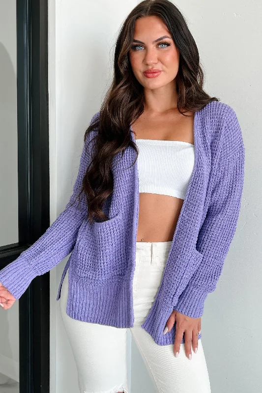 Cardigan with floral sleeves -Cuddly Aesthetic Zenana Waffle Knit Cardigan (Lavender)