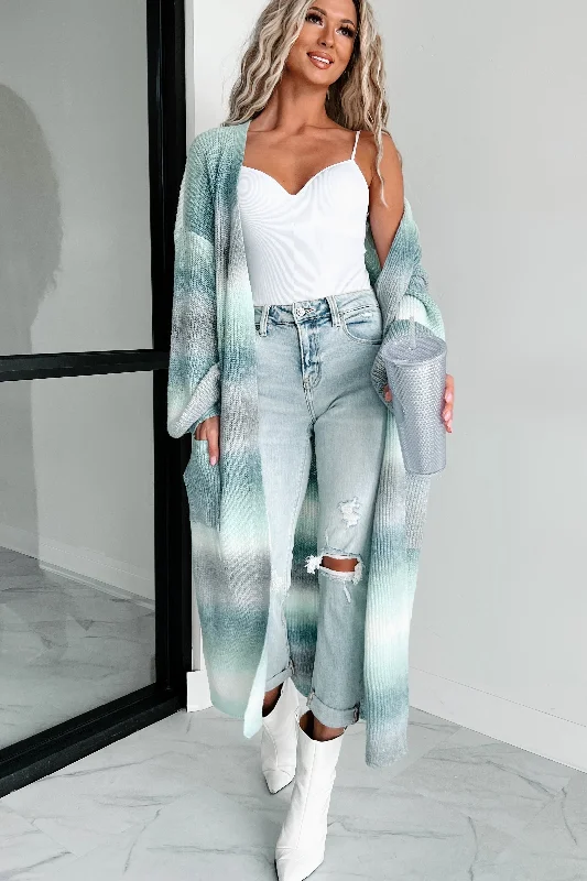 Blue longline cardigan -Embrace The Boho Ombre Duster Cardigan (Green/Grey Multi)