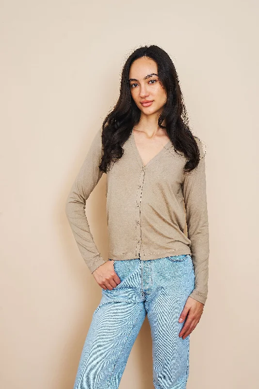 Cardigan for outdoor picnics -Soft Touch V-Neck Cardigan in Desert