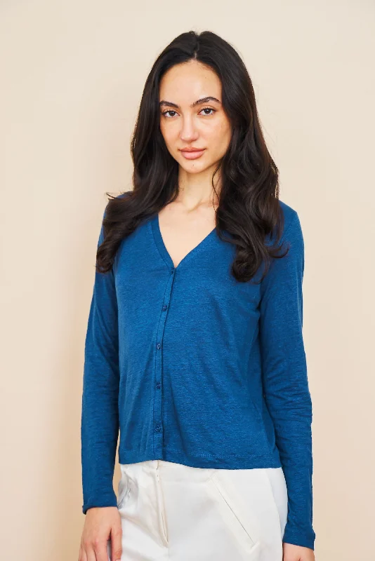 Cardigan with chevron pattern -Stretch Linen V-Neck Cardigan in Bleu Taormina