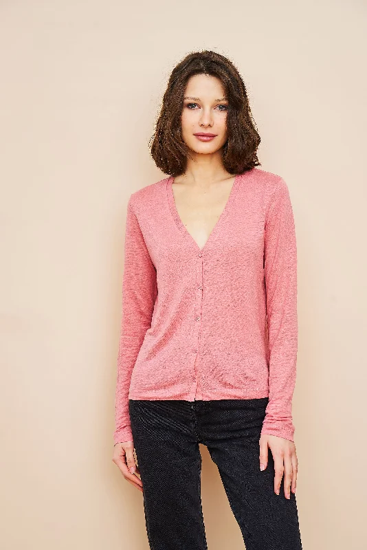 Grey knit cardigan -Stretch Linen V-Neck Cardigan in Bouton De Rose