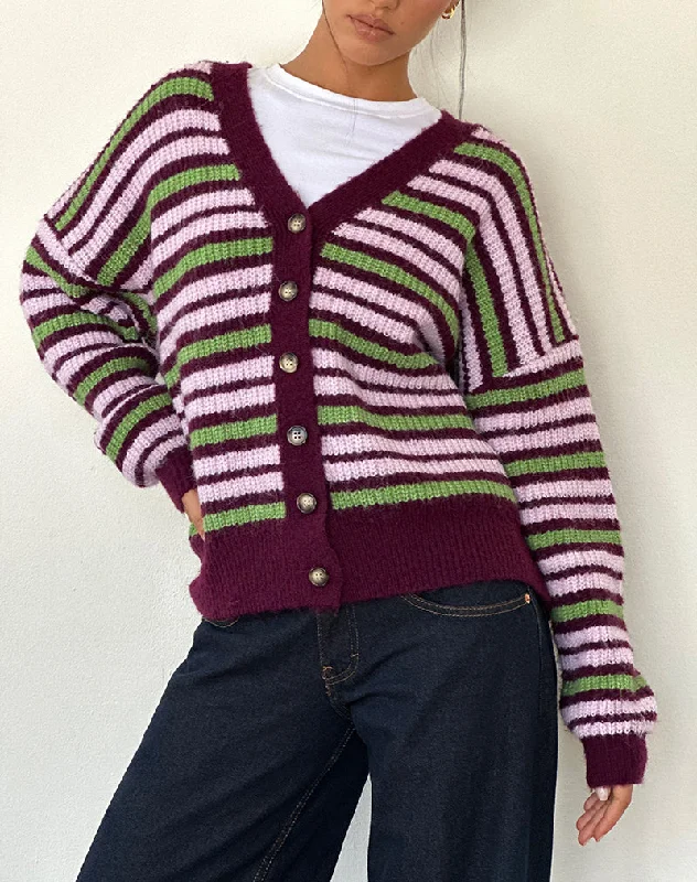 Wool blend cardigan -Uriela Cardigan in Green Pink and Burgundy Stripes