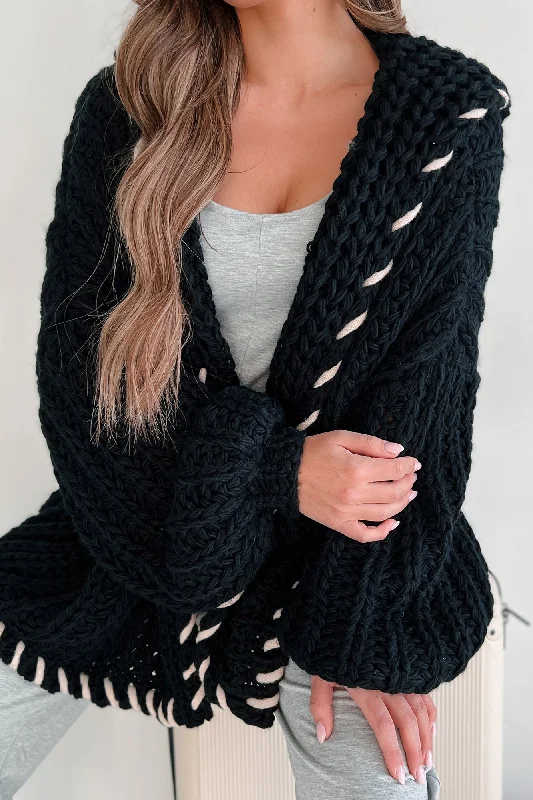 Navy cozy cardigan -Warm Emotions Stitch Edged Chunky Knit Cardigan (Black)