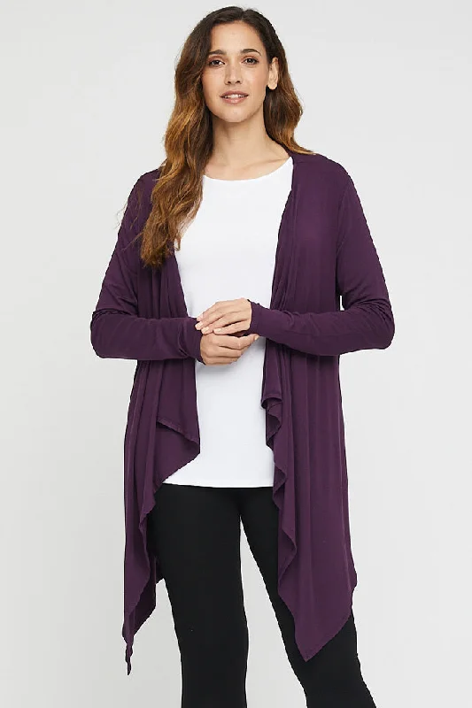 Cardigan with fuzzy trim -Waterfall Cardigan - Plum