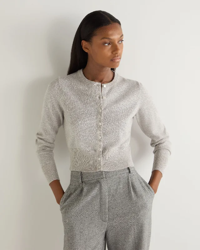 Navy longline cardigan -Women's Ivy Cropped Cashmere Cardigan With Lurex Sand Brown Sparkle