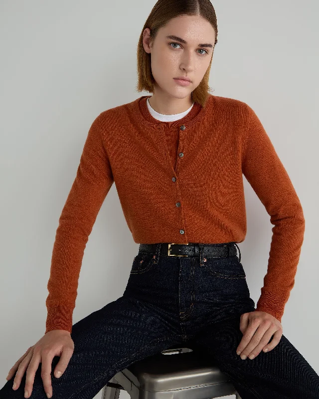 Cardigan with fuzzy trim -Women's Olivia Round Neck Cashmere Cardigan Rust Orange