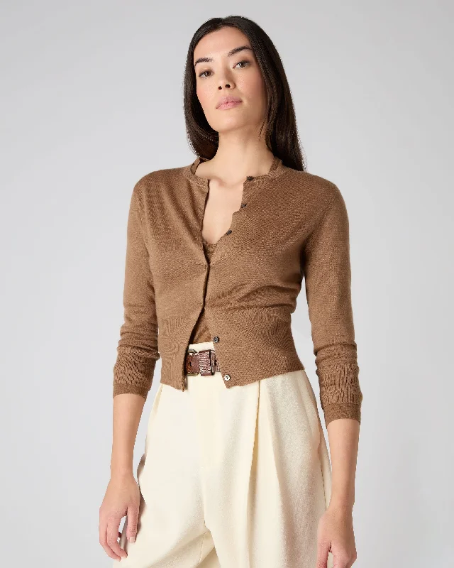 Cardigan for cozy outings -Women's Darcie Superfine Cashmere Cropped Cardigan Dark Camel Brown