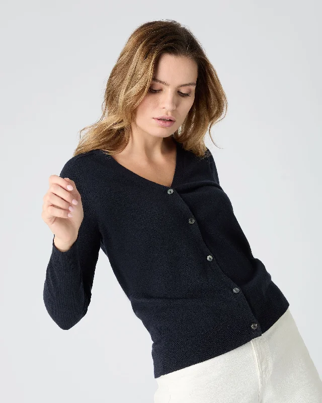 Cardigan with ribbed hem -Women's Lara V Neck Cashmere Cardigan Navy Blue