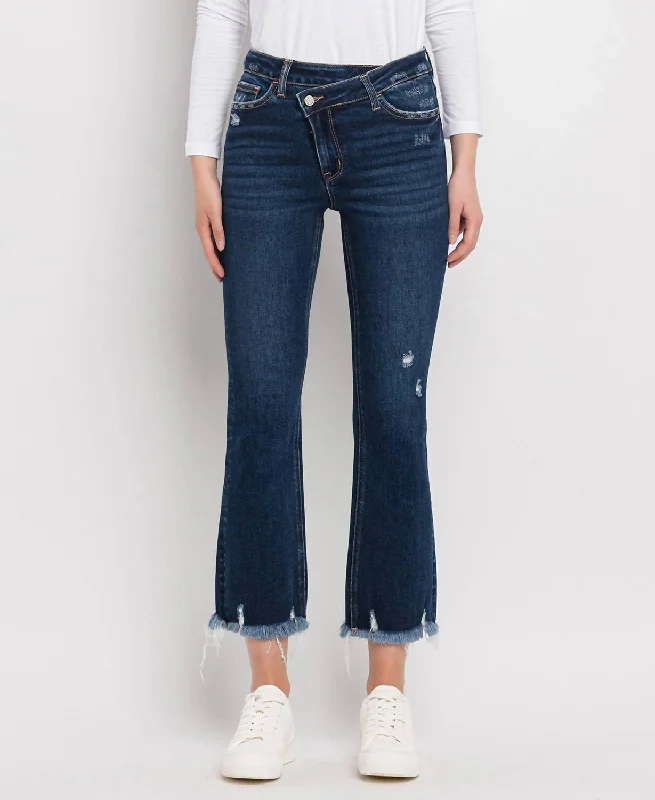 pants with cuffs -Bella High Rise Crossover Waist Kick Flare Jeans In Dark Wash