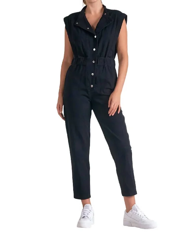 pants for strength -Buttoned Front Sleeveless Jumpsuit In Black