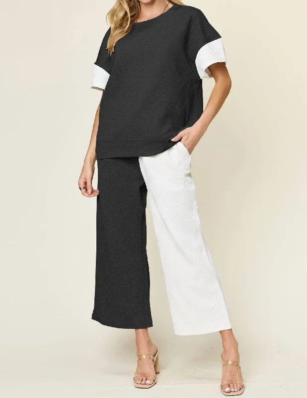 pants for evening -Chic Textured T-Shirt & Pants Set In White