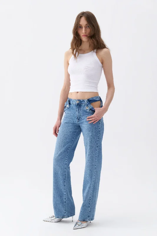 tall pants long -Cut-Out Detailed High Waist Jeans