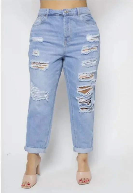 pants for style -Distressed Elastic Mom Jeans - Plus In Light Wash