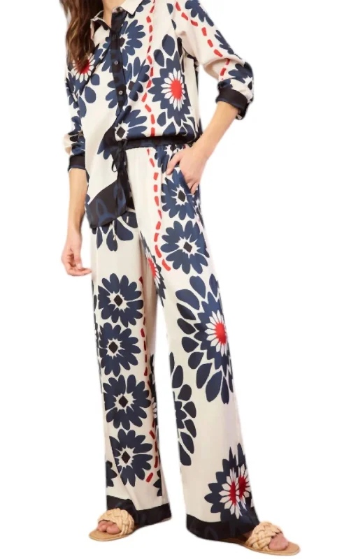 pants for free -Floral Print Elastic Waist Pant In Ivory Navy