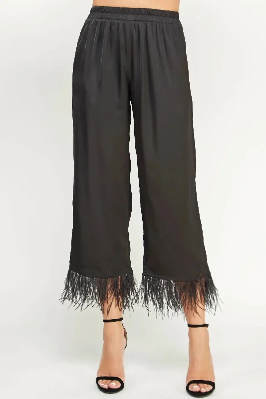 pants for outings -Foncy Feather Trim Pants In Black