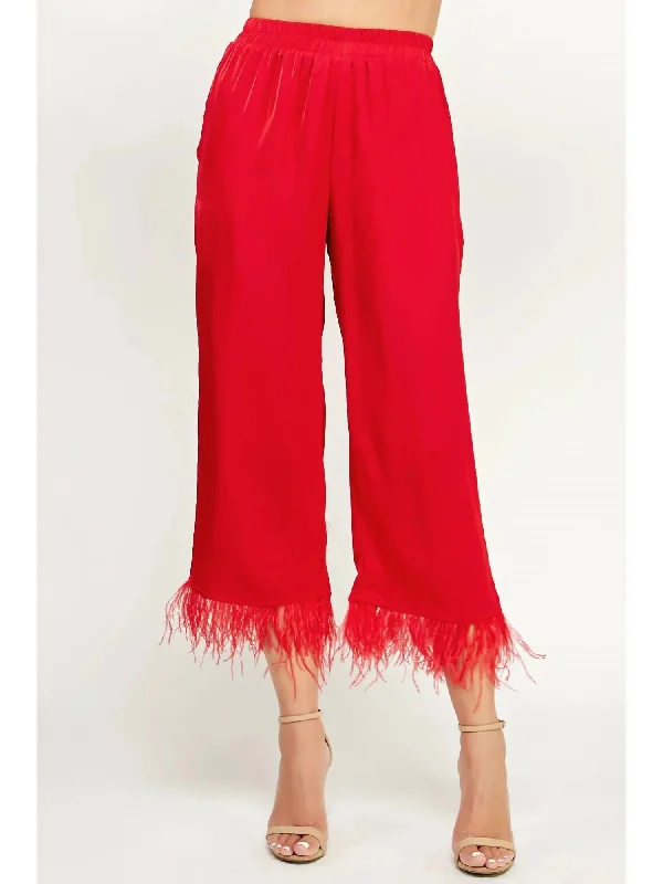 pants for dances -Foncy Feather Trim Pants In Crimson