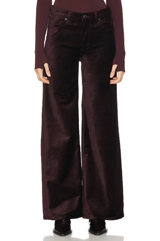 pants for cocktails -Loli Mid Rise Baggy Velvet Pants In Burgundy