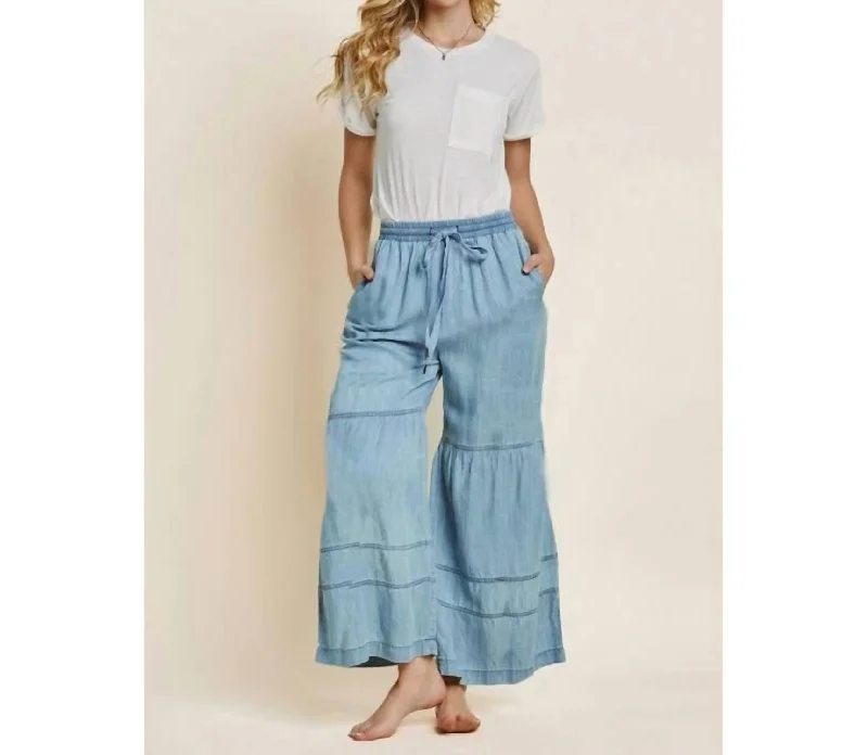 office pants sharp -Maggie Tiered Wide Leg Pants In Washed Denim