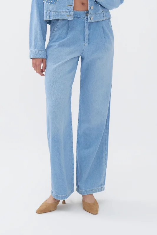 acid wash pants funky -Pleated Wide Leg Jeans