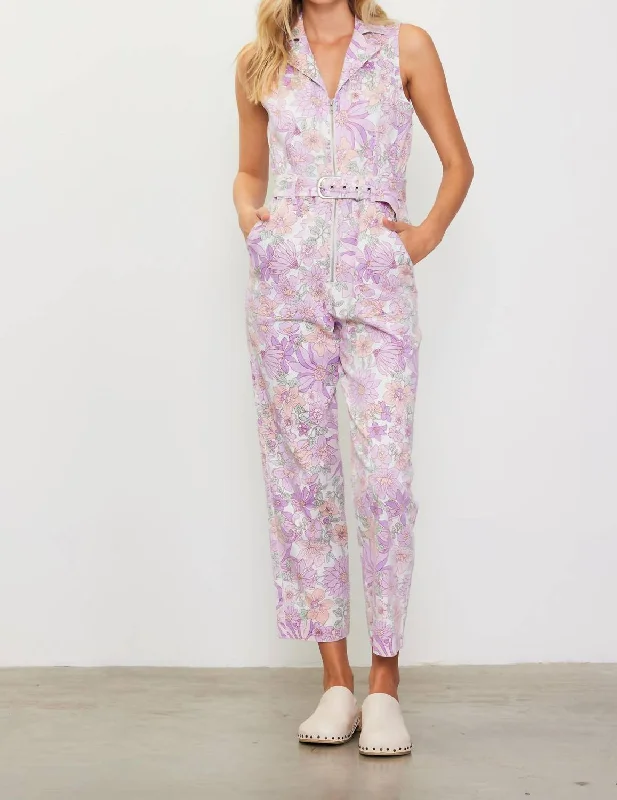 pants for balance -Retro Floral Belted Zip Jumpsuit In Lavender